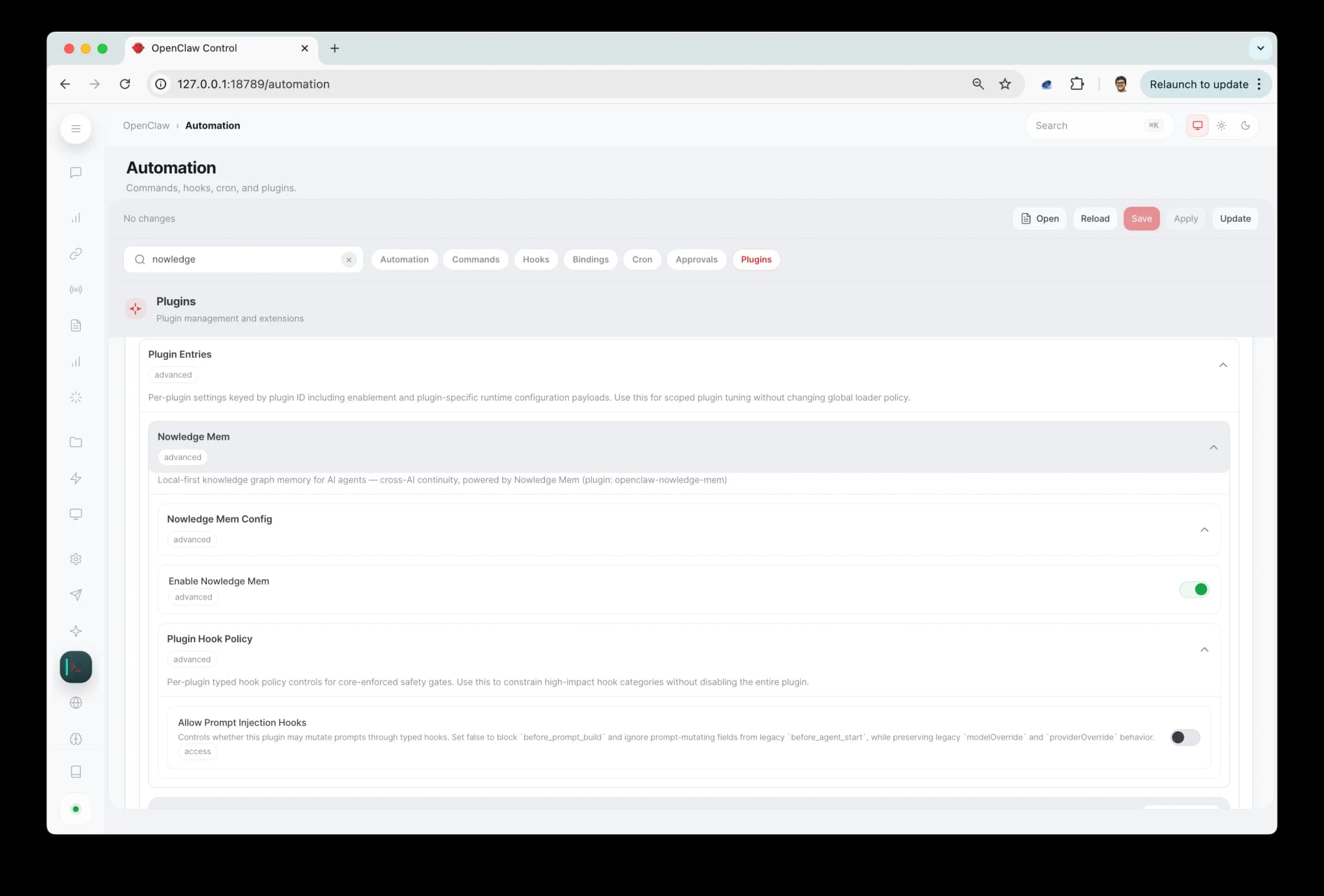 OpenClaw Automation — Nowledge Mem plugin settings