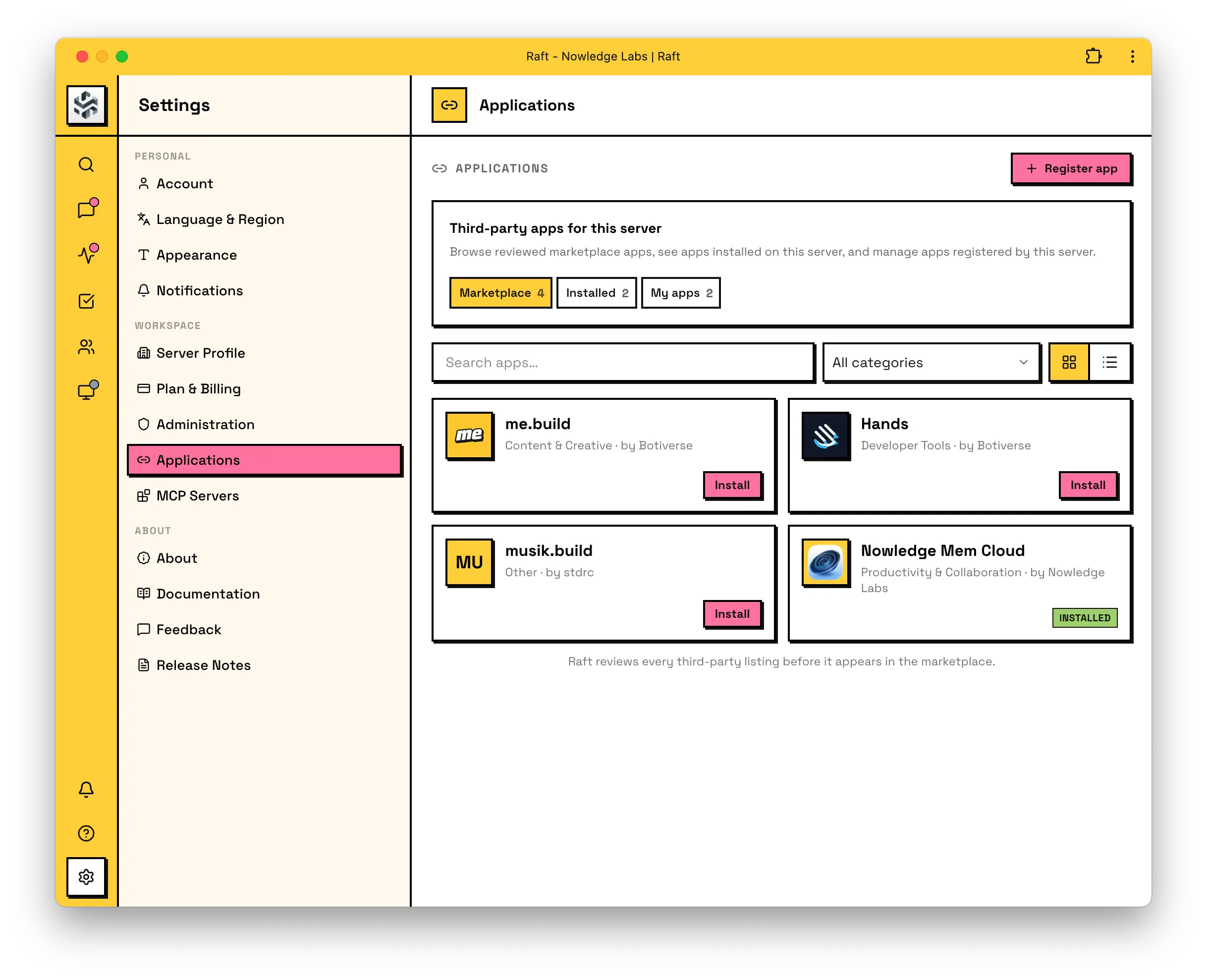 Raft Applications Marketplace 中的 Nowledge Mem Cloud