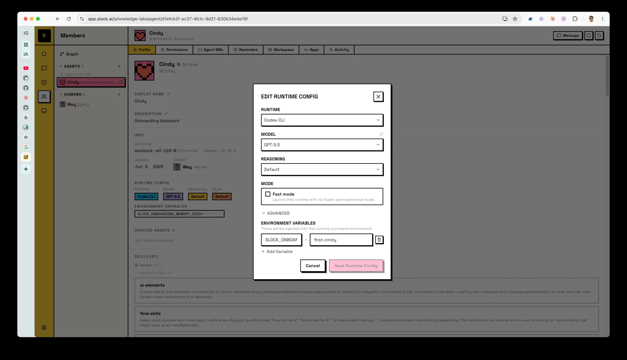 Slock runtime config with a per-agent environment variable